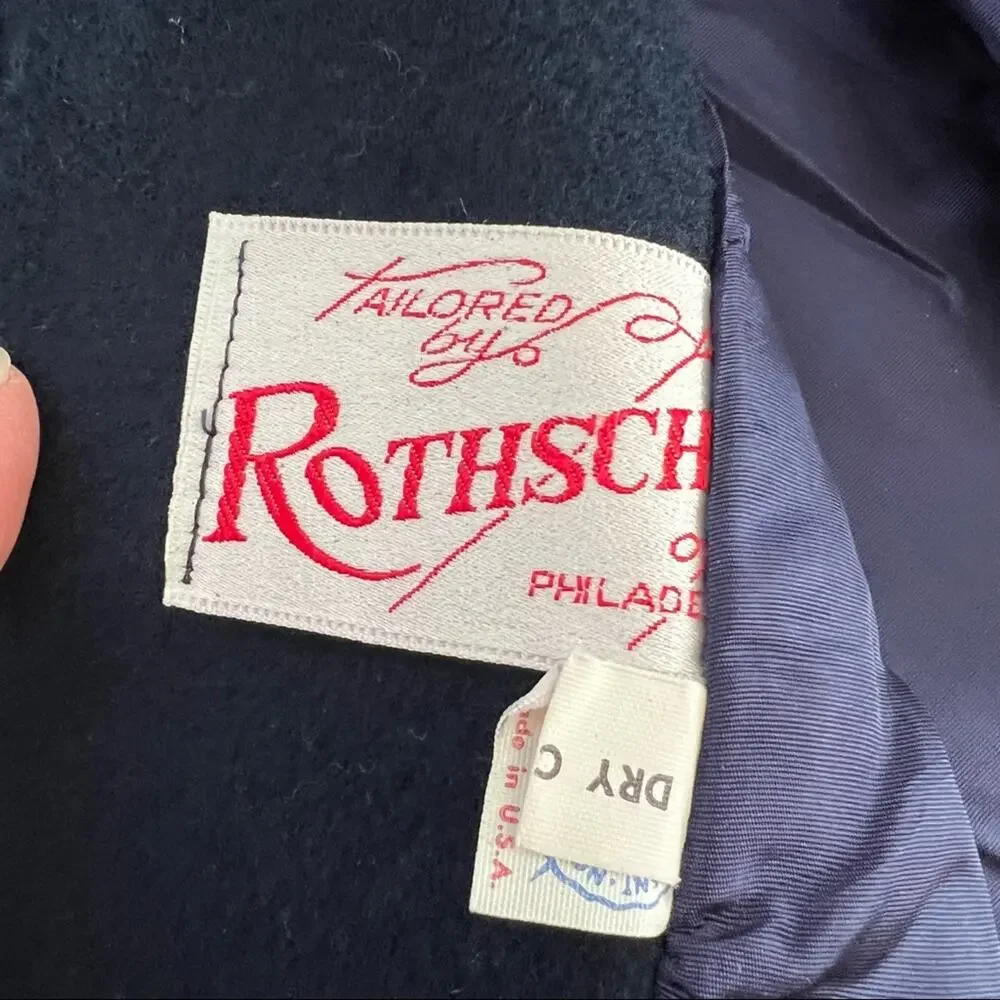 Vtg Rothschild Pea Coat Jacket Wool Navy Blue Red Button Front Union Made Sz S